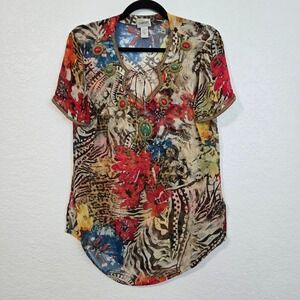 Chicos S Floral Animal Print Beaded Embellished Sheer Tunic Top Size 0